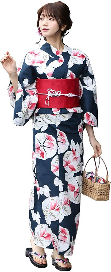 Nagomi【日本代購】和式浴衣+束腰帶2件套 女士成人用 - 紫阳花金鱼_藏青1413-1B