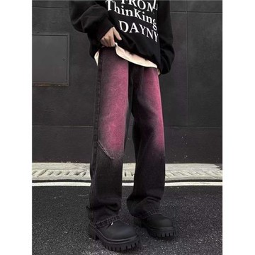漸變水洗黑粉色牛仔褲男款美式復古高街hiphop潮牌直筒寬松微喇褲