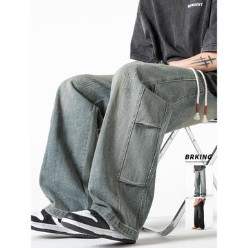 WOODSOON直筒牛仔褲男士春夏季寬松抽繩水洗潮牌美式高街復古褲子