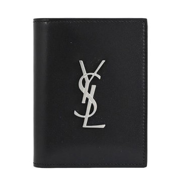 YSL 668735 金屬LOGO質感皮革窄版對開4卡短夾.黑銀