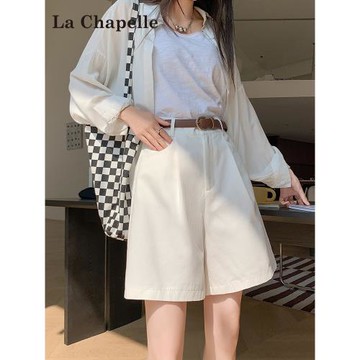 拉夏貝爾白色棉麻工裝短褲女夏季2026新款高腰五分a字闊腿中褲子