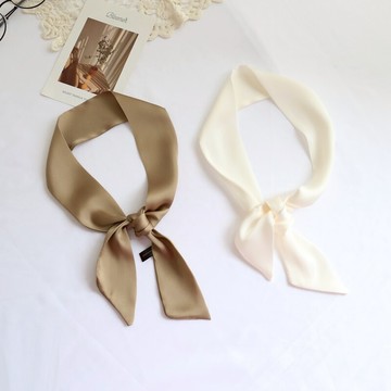 氣質百搭潮短純色小絲巾 緞面窄長條領巾發帶綁包包裝飾文靜黑白