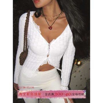 (免運)ITSNIKAR性感純欲法式蕾絲花邊開衫歐美復古肌理感修身長袖上衣女