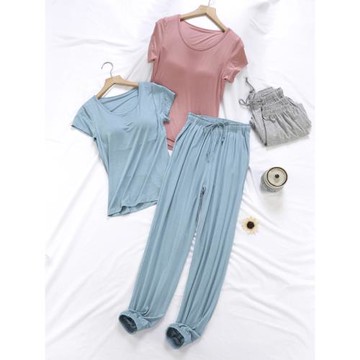 秋冬季女士睡衣短袖長褲兩件套裝莫代爾薄款家居服大碼可外穿休閑