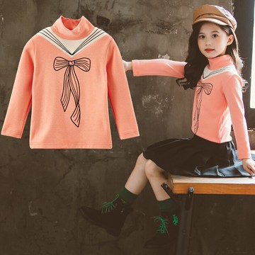 女童洋氣蝴蝶結長袖新款秋冬裝韓版中大童加厚時髦女孩打底衫1入