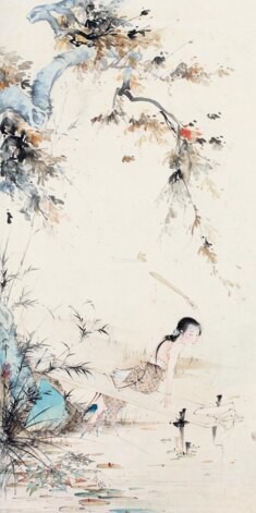 胡也佛 浣紗女30X60仿古畫復制微噴字畫人物畫臥室書房裝飾掛畫心