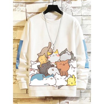 衛衣男女圓領加絨潮寬松大碼長袖t恤貓咪青少年帥氣上衣秋冬新款