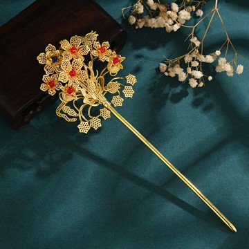 【婚慶多寶簪】秀禾頭飾 新娘髮簪 漢服配飾 古風頭飾 鳳鳥石榴髮簪 銅鍍金工藝 花絲鑲嵌 手工製作 送禮佳品