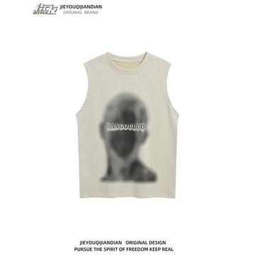 美式復古人像印花運動嘻哈麂皮絨坎肩背心男女寬松嘻哈情侶無袖T