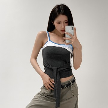 【Aa.chic】滾邊假兩件綁帶BRA TOP(三色).女裝/細肩/滾邊/罩杯/假兩件/綁帶/夏日【C6UU163】