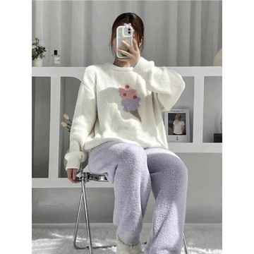 Yummy❥睡衣女可外穿珊瑚絨加厚保暖長袖長褲ins甜筒冰淇淋家居服兩件套