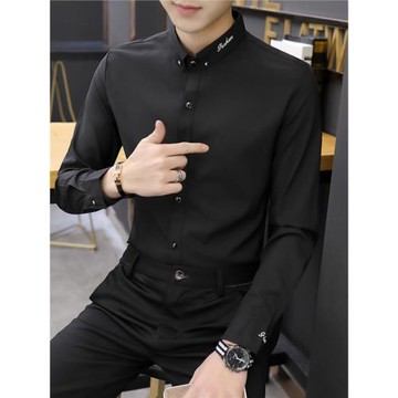 春秋長袖純色職業襯衫男免燙商務休閑襯衣大碼抗皺刺繡打底寸衫潮