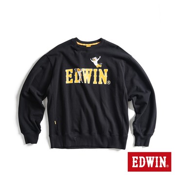 EDWIN 男裝 橘標 摔角手E君飛撲印花LOGO寬版厚長袖T恤-黑色