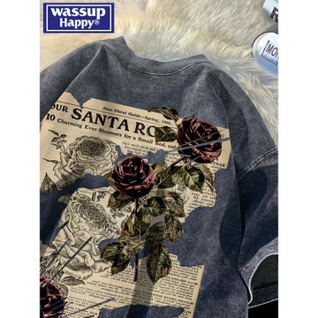 (免運)WASSUP HAPPY玫瑰印花短袖t恤男士夏季寬松美式復古水洗做舊半袖