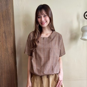 Hana Mokuba 線條格紋綁帶收口上衣