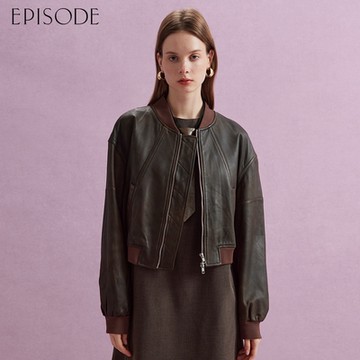 EPISODE - 百搭個性美拉德風圓領羊皮皮衣棒球外套E44000