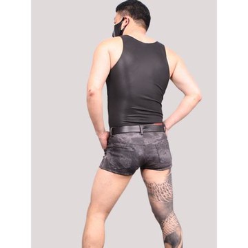 男三分超短褲齊大腿根平腳牛仔褲彈力緊身性感翹臀露大長腿一步褲