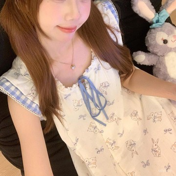 已售9642件💖小確倖係✨ 2025韓係夏季新款甜美格紋花邊睡衣女可愛印花舒適寬鬆睡裙家居服 ELDY