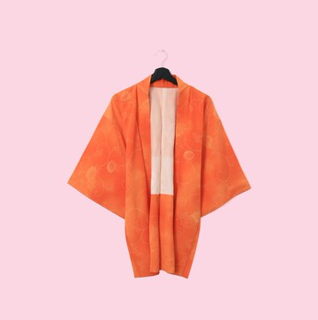 Back to Green-日本帶回羽織鮮橘色插畫線條kb-26/vintage kimono