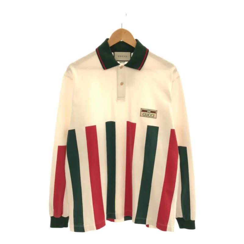 GUCCI グッチ 【men4245D】 White Web Striped Long Sleeve Polo