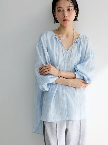 抽繩領口微透條紋側開衩長版襯衫(06000177000) - Green Parks