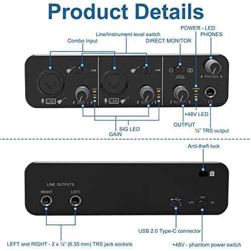 USB Audio Interface with XLR cable，Audio Interface with Mic Preamplifier Audio mixer recorder with 48V Phantom Power, 24 Bit, Sup