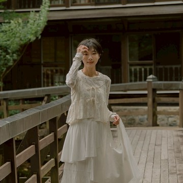 緹花微透膚綁帶兩件式罩衫上衣 兩色售