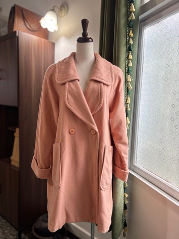 粉橘色喀什米爾混西服翻領混傘狀古著大衣日本製