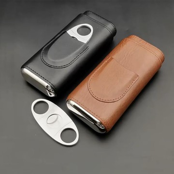 (爆款下殺）（萬人好評回購）高檔雪茄盒皮套便攜隨身3支裝雪松木雪茄包個性保濕盒雪茄鉗剪刀