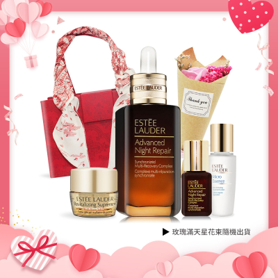 ESTEE LAUDER 雅詩蘭黛 特潤限定版情人節禮盒[修護露100ml+原生露+無敵霜]+玫瑰花束