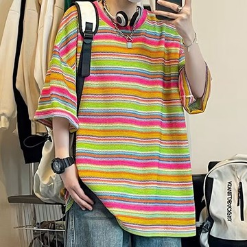 時尚潮流美式高街彩色條紋短袖T恤男 夏季設計感寬松休閑T恤 五分袖 圓領青少年條紋短袖 T恤男 上衣男女情侶T恤 短袖男