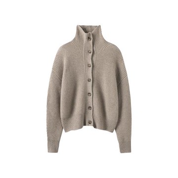 100%純羊絨法式元寶粗針毛衣開衫女立領針織衫上衣外套2024秋冬季