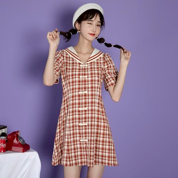 夏中國風格紋盤扣短袖改良旗袍學院風連衣裙女