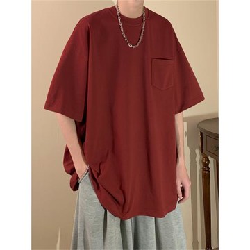 酒紅色t恤男短袖夏季薄款寬松純棉上衣美式vintage潮牌小領口體恤