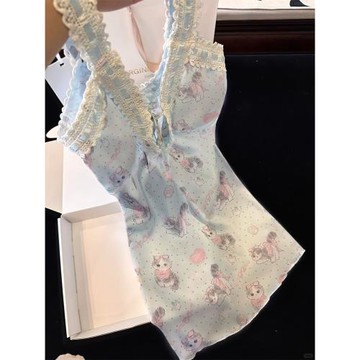 香香芭蕾性感女睡衣蕾絲邊可愛冰絲睡裙夏季吊帶胸墊絲綢純欲戰袍