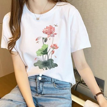 胖胖美依 上衣 T恤 短袖上衣 L-4XL荷花氣質印花短袖休閒ins時尚韓版洋氣女打底衫圓領T恤-6322.