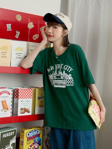 美式街頭圖案印花寬鬆短袖上衣