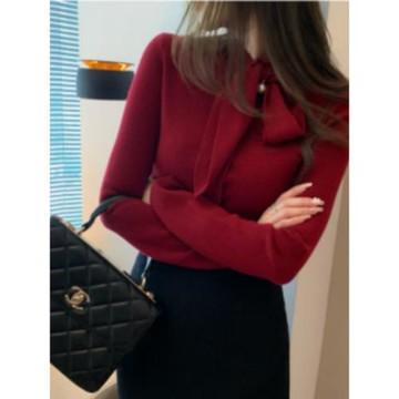 正品白領哥弟新2025年紅色蝴蝶結飄帶羊毛襯衫洋氣毛衣針織打底衫