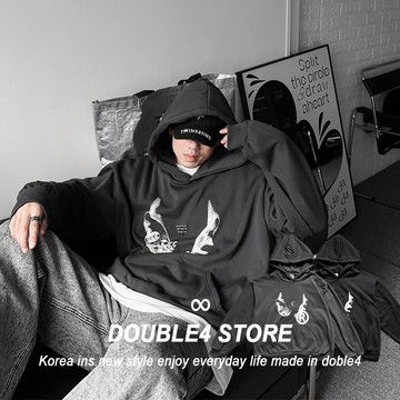 【DOUBLE4 】韓國 美式拱手內刷毛帽T 立體別針 TWINX21INS 大版 保暖 不掉毛 男女帽T 2438