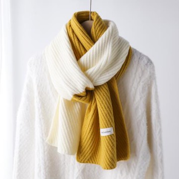 針織毛線圍巾女孩學生秋冬季姜黃色拼色撞色雙色短小圍脖護頸軟糯