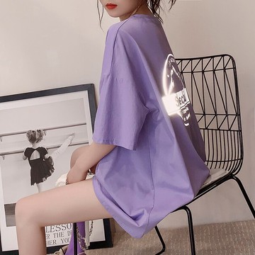 新款網紅中長款夏季反光短袖T恤女ins超火紫色上衣歐洲站大版