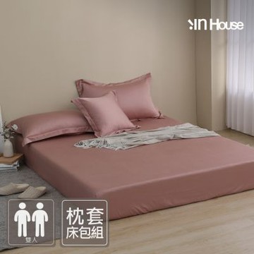 IN-HOUSE-360織紗防螨抗菌天絲長絨棉三件式枕套床包組(暮光粉-雙人)