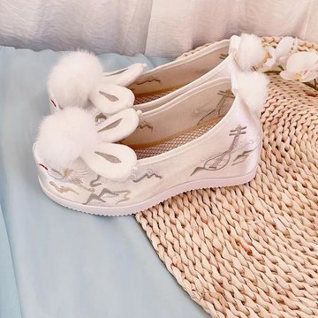 秋冬加絨高跟毛球繡花鞋內增高古裝漢服鞋女棉鞋翹頭弓鞋繡花布鞋