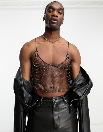 ASOS DESIGN mesh top with crystals in black
