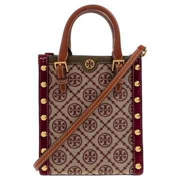 TORY BURCH 織布拼接皮革鉚釘兩用包 S10139438  約寬16 x 高19 x 厚5cm  卡其色 + 酒紅色