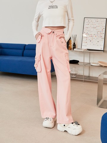 反折腰工裝直筒寬長褲-粉色