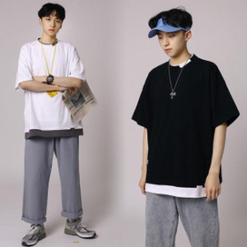 Tシャツ レイヤード メンズ 半袖 重ね着風 クルーネック ビッグシルエット 無地 カットソー 夏 男性 クルーネック 夏tシャツ 通販 Lineポイント最大1 0 Get Lineショッピング