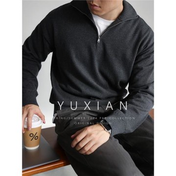 YUXIAN復古純棉半拉鏈可翻式立領針織長袖毛衣打底男士通勤秋冬季