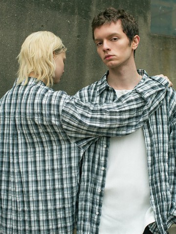 Multi Chenille Check Long Sleeve Oversized Shirt [Grey] (MS5264A283)