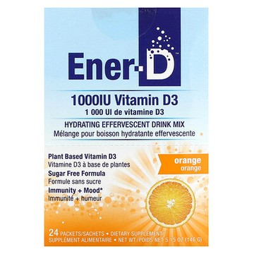 Ener-C, Ener-D，維生素 D3，補水泡騰混合飲品，無糖，橙味，1000 毫克，24 包